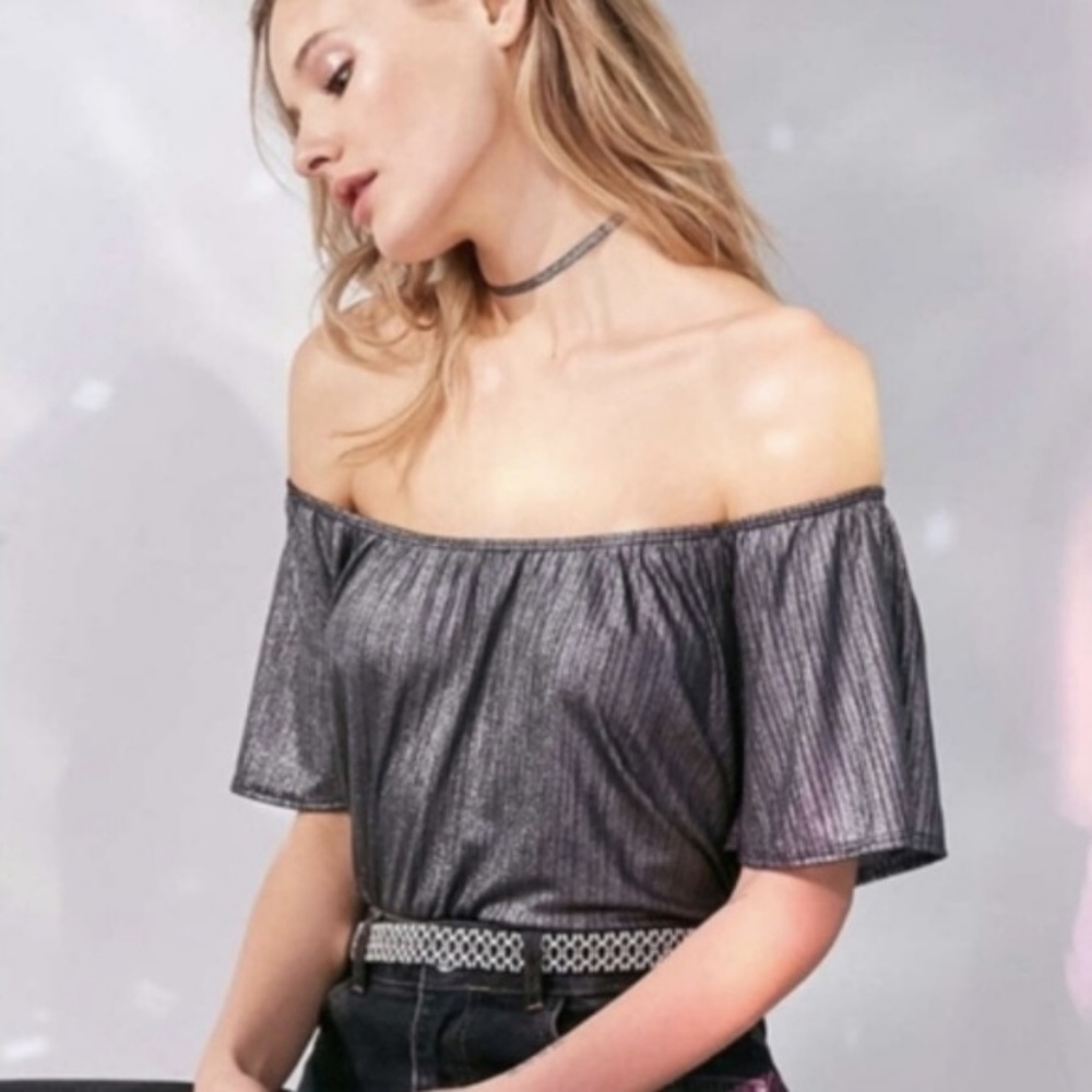 UO Ecote metallic silver off the shoulder crop top
